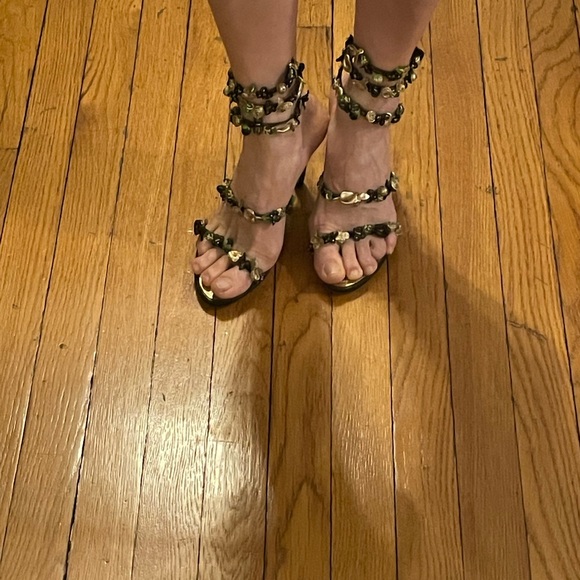Rene Caovilla Black and Gold Floral Heels - Picture 7 of 7